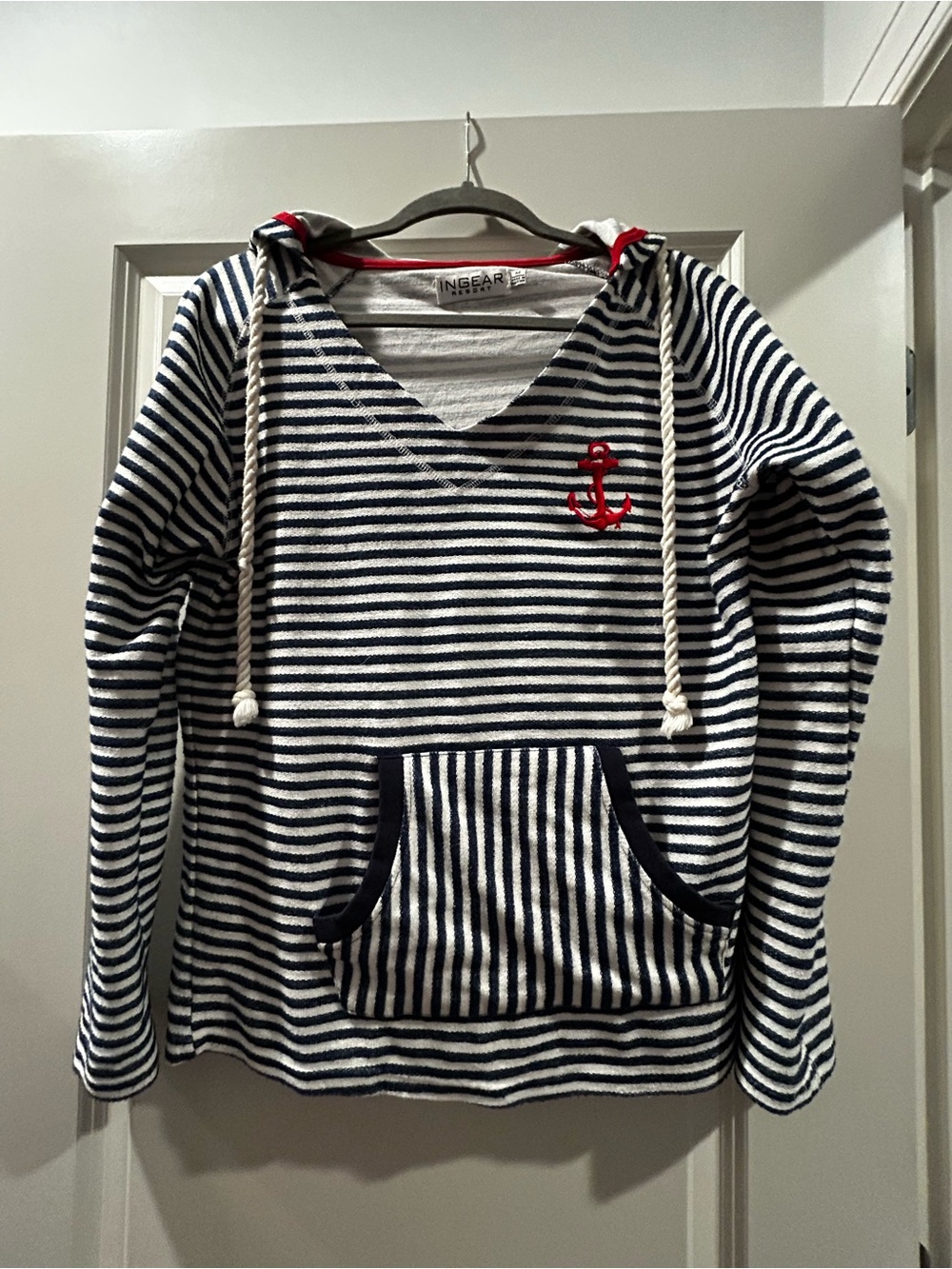 Ingear Navy & White Striped Hoodie with Red Anchor Patch
